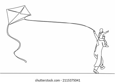 Single one line drawing back view happy Arabian father carrying daughter on shoulders run with kite. Father and child daughter spending free time together. Continuous line draw design graphic vector