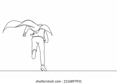 Single one line drawing back view businessman superhero running to office. Powerful businessman enthusiastic with ideas and innovation. Modern continuous line draw design graphic vector illustration