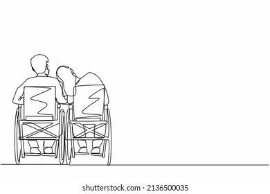 Single one line drawing back view couple with disabilities sit in wheelchairs talking each other. Woman rests her head on man's shoulder. Рeople with disability. Continuous line draw design vector