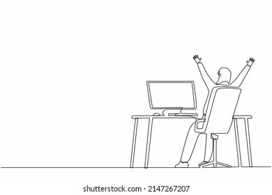 Single one line drawing back view happy woman completed task and triumphing with raised hands on her workplace. Successful well done work. Completed task. Continuous line draw design graphic vector