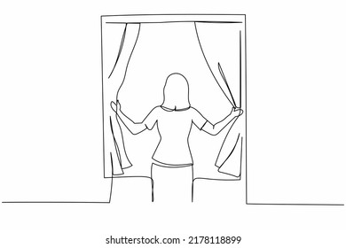 Single one line drawing back view young woman standing   opening window curtains  Concept person wake up in morning to get fresh air  Continuous line draw design graphic vector illustration