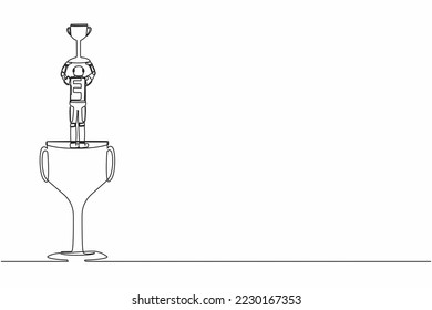 Single one line drawing back view astronaut stand above big trophy and lifting up winner cup celebrating successful in space expedition. Cosmic galaxy space. Continuous line design vector illustration