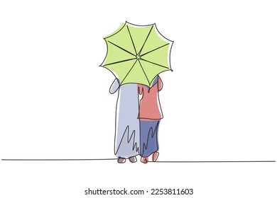 Single one line drawing back view young Arabian couple man woman, girl and boy walking holding umbrella under rain. Romantic couple at rainy autumn weather. Continuous line draw design graphic vector