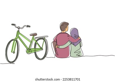 Single one line drawing back view romantic teenage couple sitting outdoors and bicycle next to them  Arabian man   woman in love  Happy married couple  Continuous line draw design graphic vector