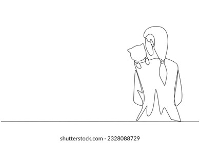 Single one line drawing of back view young beautiful woman hugging a little cat. Owner of feline animal petting it with love. Best pet friend. Animal lover. Continuous line design graphic illustration