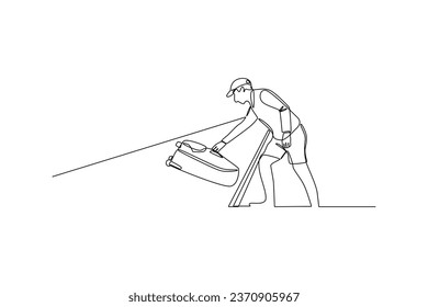 Single one line drawing back view of man picking up bag ini air port. Ground Crew Signaling To Airplane at the airport. Airport activity concept. Continuous line draw design graphic vector.