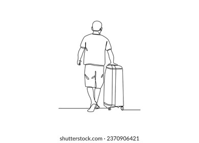 Single one line drawing back view of man walking to departure gate. Ground Crew Signaling To Airplane at the airport. Airport activity concept. Continuous line draw design graphic vector.