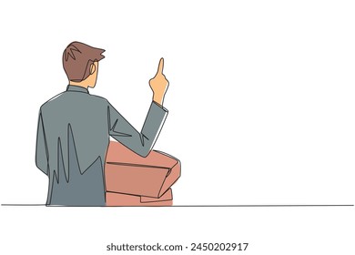Single one line drawing from back view young businessman speak at podium while lifting index finger. Businessman in Conference Hall present new business. Continuous line design graphic illustration
