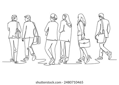 Single one line drawing back view of male and female startup CEO walking together to workshop room to present their proposal. Urban commuter workers. Continuous line design graphic vector illustration