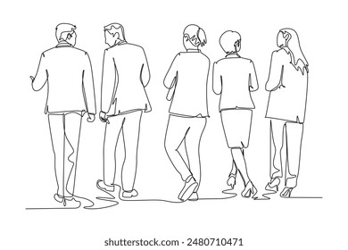 Single one line drawing back view of businessman and  business woman walking together to meeting room to present their partner project proposal. Continuous line draw design graphic vector illustration