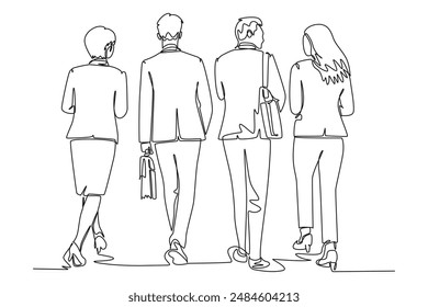 Single one line drawing back view of male and female startup CEO walking together to workshop room to present their proposal. Urban commuter workers. Continuous line graphic design vector illustration