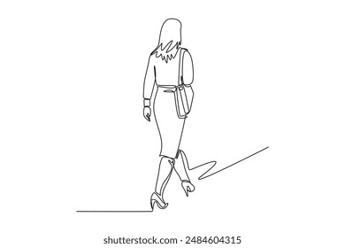 Single one line drawing back view of young female manager walking on town street to go to office while holding suitcase. Urban commuter worker. Continuous line draw design graphic vector illustration