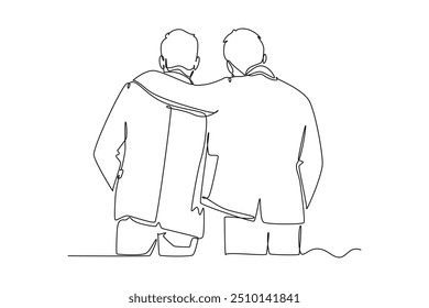 Single one line drawing back view of young happy businessmen hugging each other to show support when meeting at the office. Business friendship. Continuous line draw design graphic vector illustration