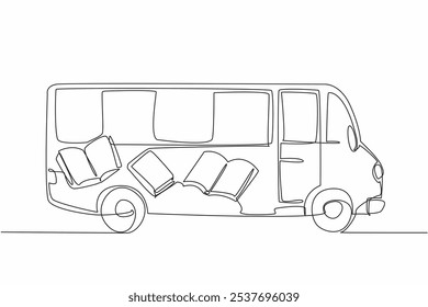 Single one line drawing the back of a bus converted into a mobile library. Traveling around to reach all groups. Knowledge. National Library Outreach Day. Continuous line design graphic illustration