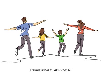 Single one line drawing back view, happy family running and stretching both hands. Running around the park with joy. Holiday. International Family Day. Continuous line design graphic illustration