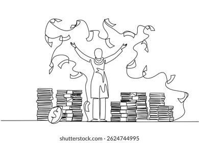 Single one line drawing back view, Arab woman stands with arms outstretched and throws the banknotes. Celebrating achievements. Rich. Be a Millionaire Day. Continuous line design graphic illustration