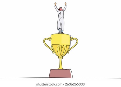 Single one line drawing back view businessman stand above trophy. Business metaphor of success and appreciation. Arabian male celebrating his business award. Continuous line draw design graphic vector