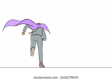 Single one line drawing back view businessman superhero running to office. Powerful businessman enthusiastic with ideas and innovation. Modern continuous line draw design graphic vector illustration