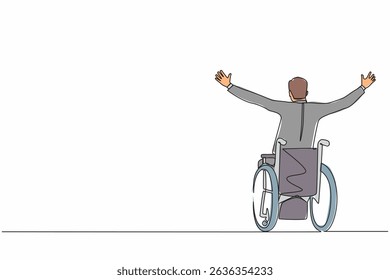 Single one line drawing back view businessman sitting in wheelchair, raising arms in happiness, rehabilitation concept. Happy person raising his hands up for joy. Continuous line draw design vector