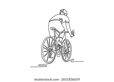 Single one line drawing back view of professional road bicycle racer in action. Sportsman on road bike bicycle, male cycling athlete practicing. Continuous line draw design graphic vector illustration