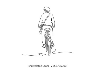 Single one line drawing back view male cyclist worker in helmet goes to work with briefcase. Urban eco transport and healthy lifestyle. Modern continuous line draw design graphic vector illustration