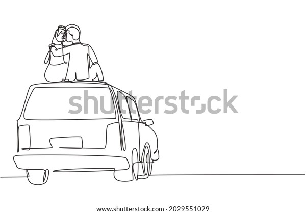 Single one line drawing back view married lovers\
sitting on roof of car and look at romantic scenery. Happy man and\
woman celebrating wedding anniversary. Continuous line draw design\
graphic vector