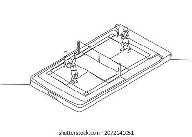 Single one line drawing badminton court with two players hitting shuttlecock with their racquets on smartphone screen. Professional sports competition. Mobile app. Continuous line draw design vector