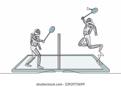 Single one line drawing badminton court with two astronaut players hitting shuttlecock with their racquets on smartphone screen. Cosmic galaxy space concept. Continuous line design vector illustration