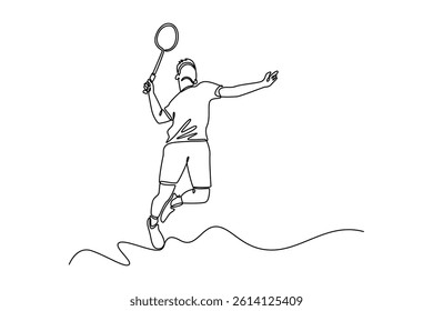 Single one line drawing badminton player in hitting position with racket feeling focused. Wearing sport shirt in stadium competing as male athlete. Continuous line design graphic vector illustration