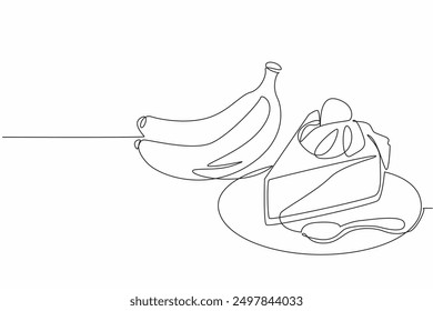 Single one line drawing banana cream pie slices on a serving plate. A sweet dessert ready to eat. Contains many vitamins. National Banana Cream Pie Day. Continuous line design graphic illustration