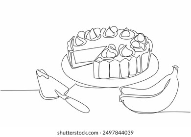 Single one line drawing banana cream pie that has been cut using a cake scoop. Dessert are high in carbohydrates. Delectable. National Banana Cream Pie Day. Continuous line design graphic illustration