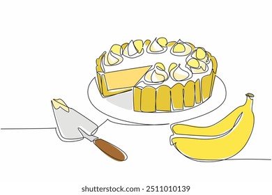 Single one line drawing banana cream pie that has been cut using a cake scoop. Dessert are high in carbohydrates. Delectable. National Banana Cream Pie Day. Continuous line design graphic illustration