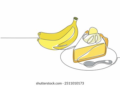 Einzeiliges Zeichnen von Bananencreme-Kuchenscheiben auf einem Servierteller. Ein süßer Nachtisch, der zum Essen bereit ist. Enthält viele Vitamine. Nationaler Bananencreme-Kuchentag. Grafische Illustration zum Liniendesign