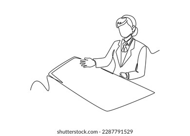 Single one line drawing bank teller on desk. Bank concept. Continuous line draw design graphic vector illustration.