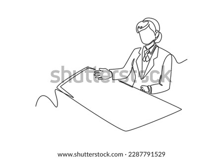 Single one line drawing bank teller on desk. Bank concept. Continuous line draw design graphic vector illustration.