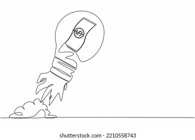 Single one line drawing banknote launching with light bulb. Fast money on a rocket. Spending money or wasteful. The concept of cashless society. Continuous line draw design graphic vector illustration