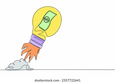 Single one line drawing banknote launching with light bulb. Fast money on a rocket. Spending money or wasteful. The concept of cashless society. Continuous line draw design graphic vector illustration