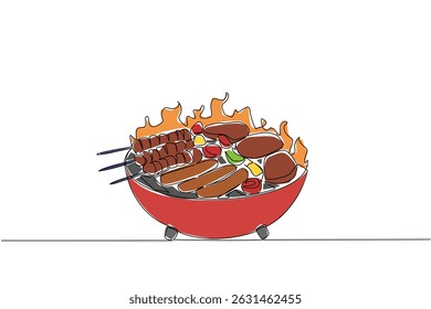 Single one line drawing barbecue grill with several pieces of meat, sausages, meat skewers, pieces of peppers. Feast for meat lovers. National Barbecue Day. Continuous line design graphic illustration