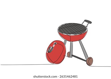 Single one line drawing barbecue grill with lid resting on its legs. The grill is cleaned. Ready to start barbecue party. Cookout. National Barbecue Day. Continuous line design graphic illustration