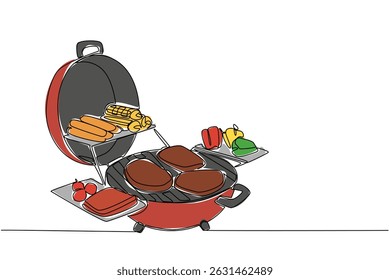 Single one line drawing barbecue grill and cover with some pieces of meat, sausage, tomatoes, peppers. Big barbecue party. Cookout. National Barbecue Day. Continuous line design graphic illustration