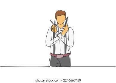 Single one line drawing barber scissors and straight razor. Vintage barbershop, shaving. Mustache men. Beard macho man. Portrait beard man. Continuous line draw design graphic vector illustration