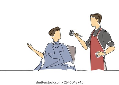 Single one line drawing barber holds scissors talks to man wearing body covering. Asking for suggestions. National Hairstylist Mental Health Awareness Day. Continuous line design graphic illustration