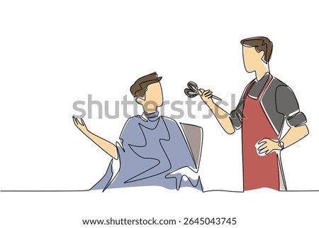 Single one line drawing barber holds scissors talks to man wearing body covering. Asking for suggestions. National Hairstylist Mental Health Awareness Day. Continuous line design graphic illustration