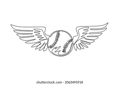 Single one line drawing baseball ball flying with angel wings. Realistic baseball emblem with raised up white wings, ball for sports design. Continuous line draw design graphic vector illustration