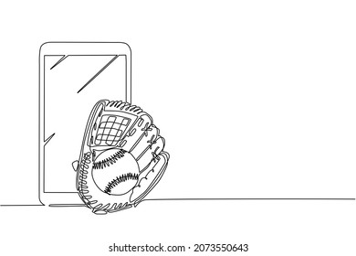 Single one line drawing baseball leather glove and ball with smartphone. Mobile sports play matches. Online baseball game with live mobile app. Continuous line draw design graphic vector illustration