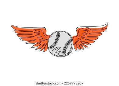 Una sola línea dibujando una bola de béisbol volando con alas de ángel. Emblema de béisbol realista con alas blancas altas, bola para diseño deportivo. Ilustración gráfica de diseño de trazos de línea continua