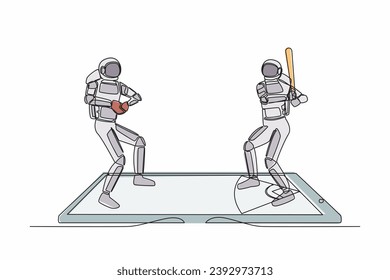 Single one line drawing baseball field with two astronaut players on smartphone screen. Online baseball games. Smartphone applications. Cosmic galaxy space. Continuous line design vector illustration