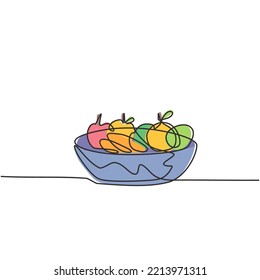 Single one line drawing of a basket full of fruit such as oranges, apples, pears. Healthy food contains vitamins that the body needs. Modern continuous line draw design graphic vector illustration.