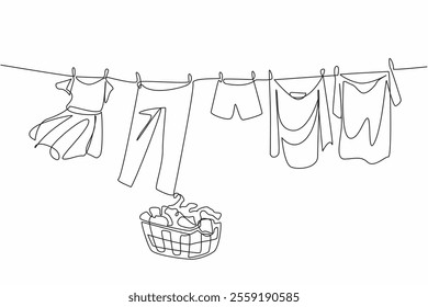 Single one line drawing basket filled with piles of clothes to be dried. The sun is scorching which is good for drying clothes. National Hanging Out Day. Continuous line design graphic illustration