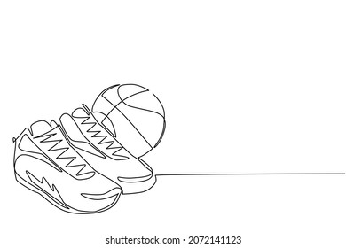 Single One Line Drawing Basketball Shoes And Basketball Balls. Basketball Ball And Boots. Sports Inventory. For Sport Store Ad, App Pictogram, Infographics. Continuous Line Draw Design Graphic Vector